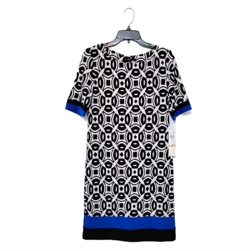 NWT R&K‎ Geometric Black White Blue Jersey Shift Dress, Size S, Office Career